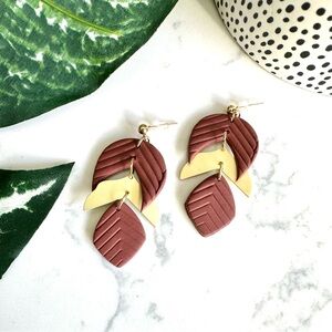 2/$30🌵 Bohemian Burgundy & Gold Leaf Design Polymer Clay Earrings Boho NEW